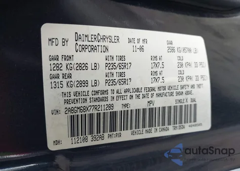 2007 Chrysler Pacifica Touring z USA, uszkodzony, nr VIN 2A8GM68X77R211289